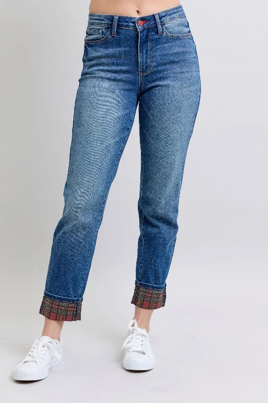 Wide Leg Jeans for Comfort -Judy Blue Mid Rise Plaid Print Cuff Boyfriend Denim Jeans 88877