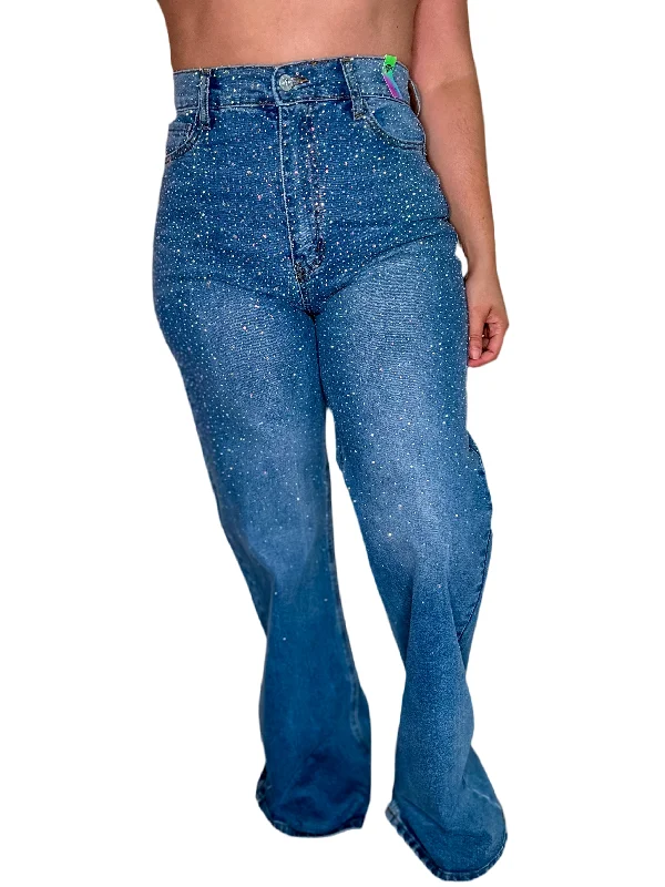 Embellished Back Pocket Jeans for Glamour -HIGH RISE WIDE LEG IRIDESCENT JEANS - 302MS