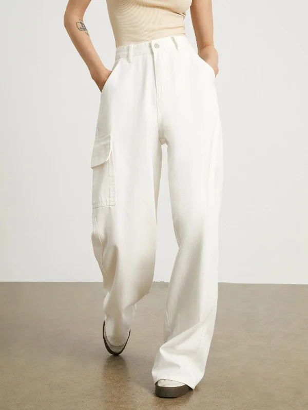 Reinforced cargo pants for heavy-duty field work -BerryBetty - Minimalist White Denim Wide Leg Jeans