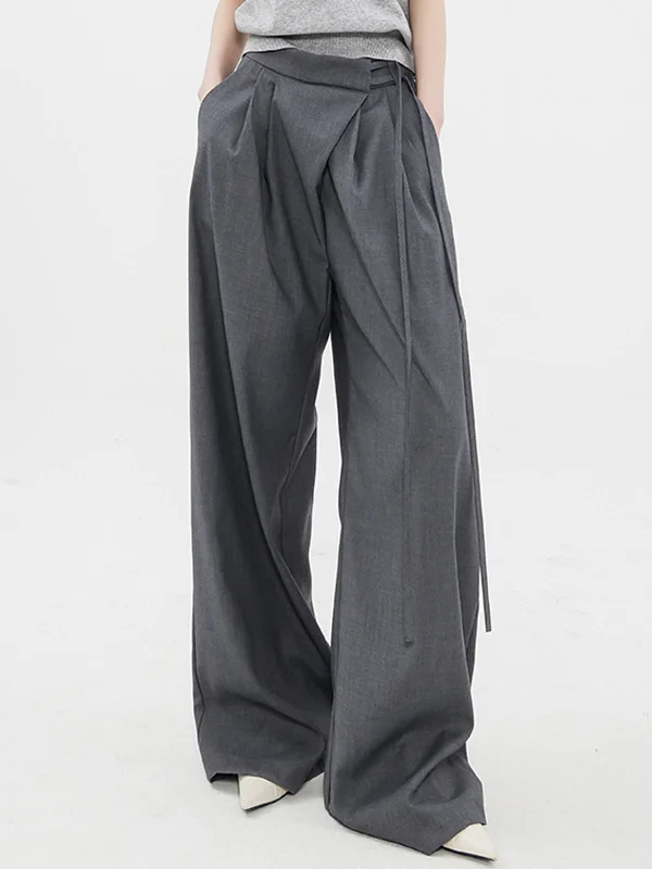 Casual khaki pants for weekend errand runs -BerryBetty - Tied Oversized Wide Leg Pants