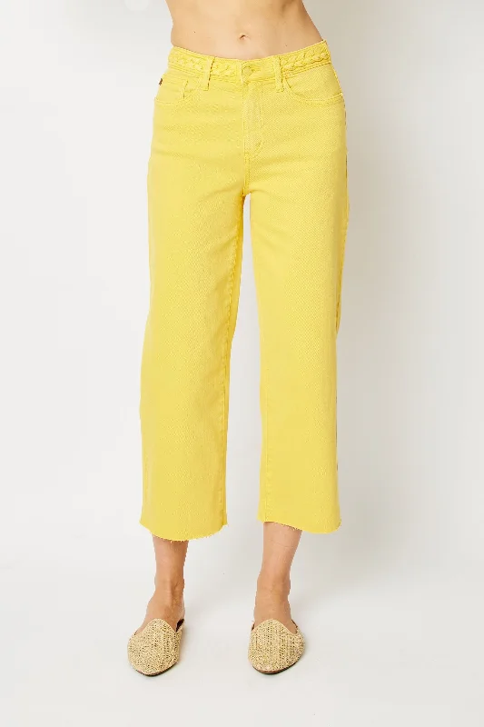 Office Jeans for Professional -Judy Blue High Waist Garment Dyed Yellow Braided Waistband Wide Leg Crop Denim Jeans 88777