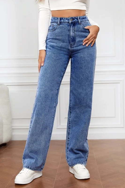 Decorated Back Pocket Jeans for Style -High Waist Straight Jeans