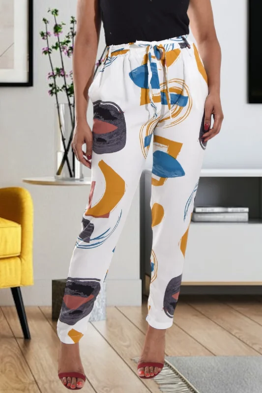 Multi-pocket pants for organized travel convenience -White Multi Print Pocket Pants