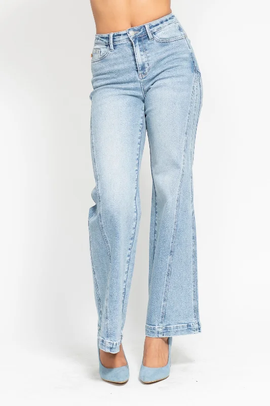 Colored Jeans for Variety -Judy Blue High Waist Side Seam Insert Detail Retro Wide Leg Denim Jeans 88766