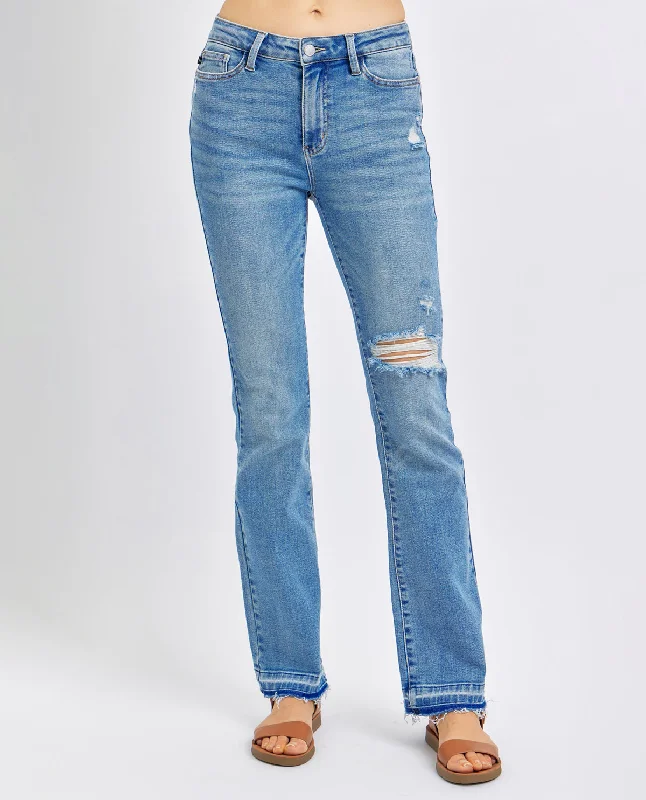 Decorated Back Pocket Jeans for Style -Judy Blue Mid Rise Destroy & Released Hem Bootcut Jeans