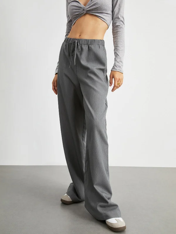 Soft jogger pants for relaxed weekend lounging -BerryBetty - Elastic Waistband Pockets Drawstring Wide Leg Pants