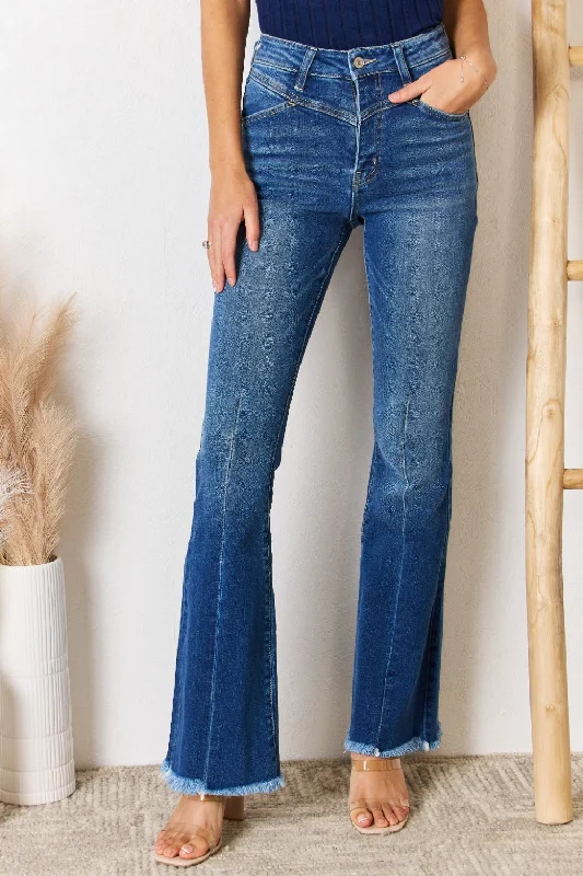 Five Pocket Jeans for Storage -Kancan High Rise Raw Hem Flare Jeans