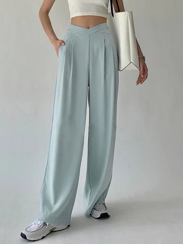 Durable twill pants for tough outdoor jobs -BerryBetty - Pleated V Waist Flowy Wide Leg Pants