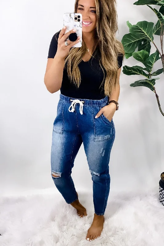 Cuffed Jeans for Stylish Touch -The Jalie's- DARK Distressed Boyfriend Cargo Cropped Jeans