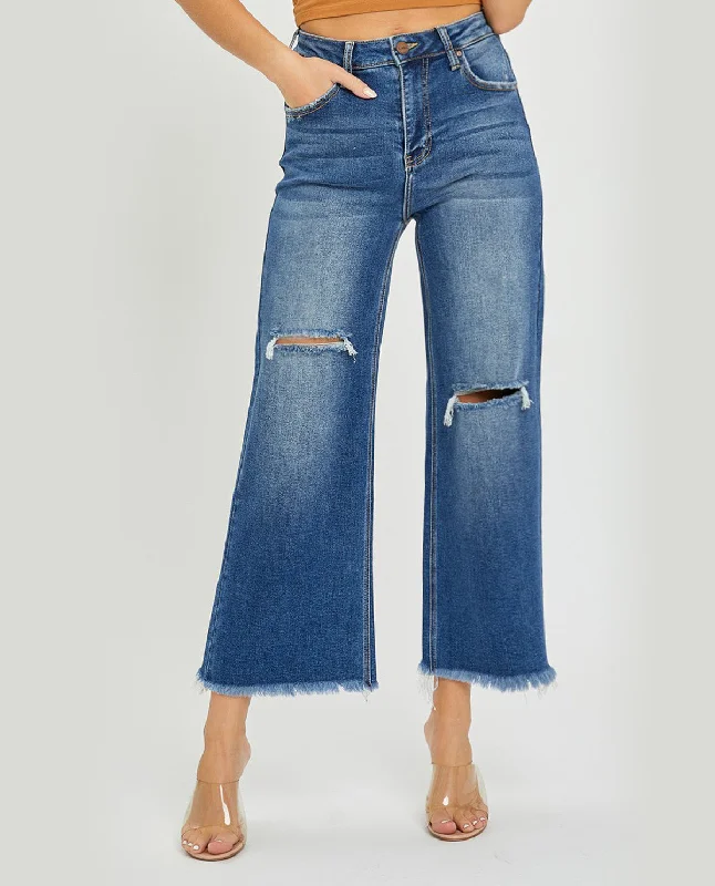 Fashion Jeans for Trendsetter -Risen High Rise Frayed Ankle Wide Jeans