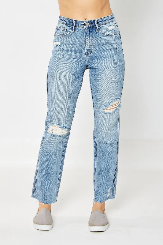 Stonewashed Jeans for Softness -Judy Blue High Waist Rigid Magic Destroy Straight Denim Jeans 88736