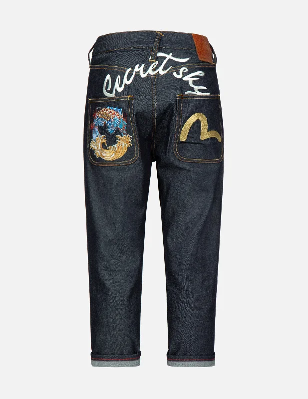 Cargo Jeans for Utility -Dragon-Koi and Seagull Embroidery Cropped-Fit Jeans #2027