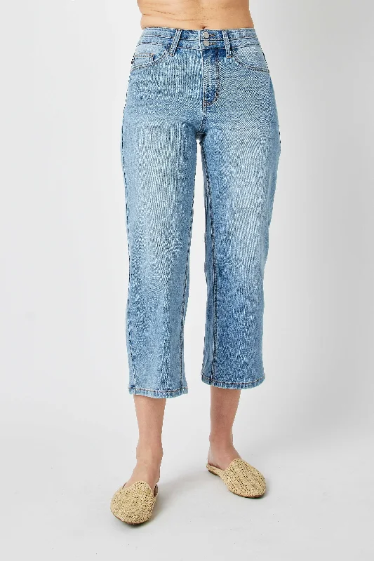 Holiday Jeans for Festive -Judy Blue High Waist Double Button Waistband Wide Leg Crop Denim Jeans 88616