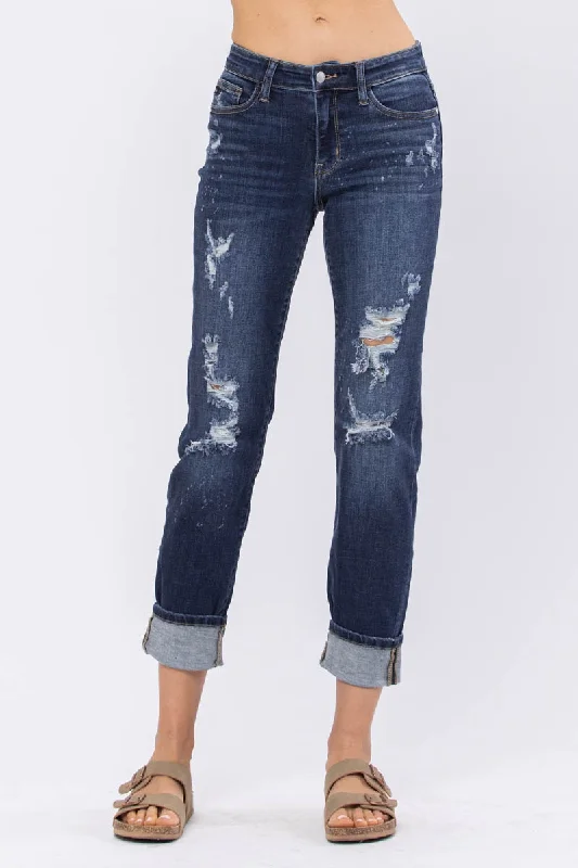 Colored Jeans for Variety -Judy Blue Mid Rise Bleach Splash Destroyed Boyfriend Denim Jeans 82198