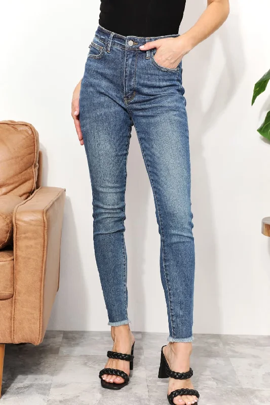 Side Pocket Jeans for Extra -Judy Blue Full Size Tummy Control Side Slit & Fray Hem Skinny Jeans