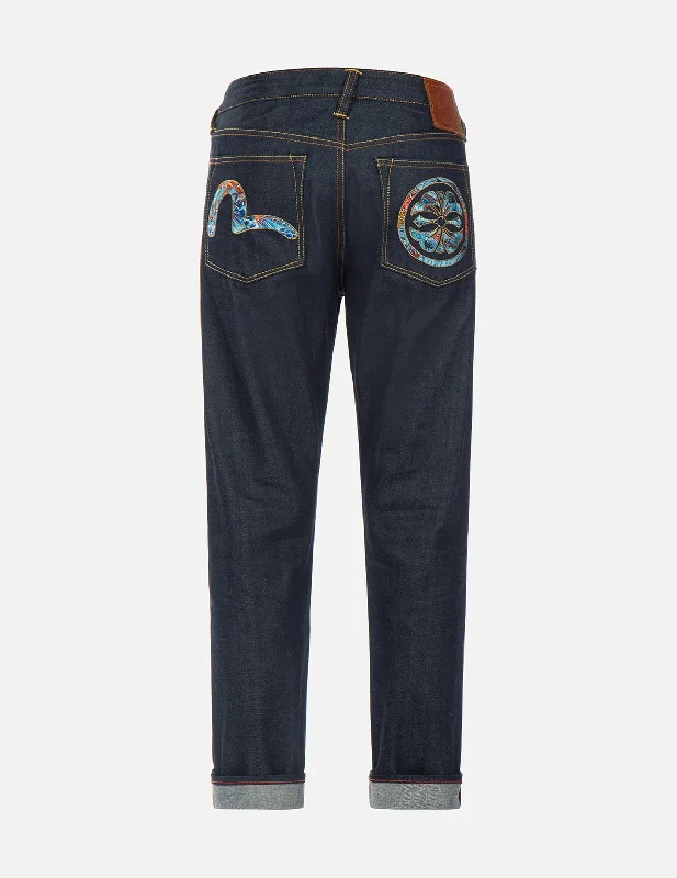 Mom Jeans for Vintage Appeal -Koi Playing In Waves Pattern Seagull and Kamon Embroidery Cropped Carrot Fit Jeans #2017