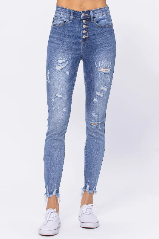 Flare Jeans for Retro Vibe -Judy Blue High Waist Destroyed Button Fly Skinny Denim Jeans 82263