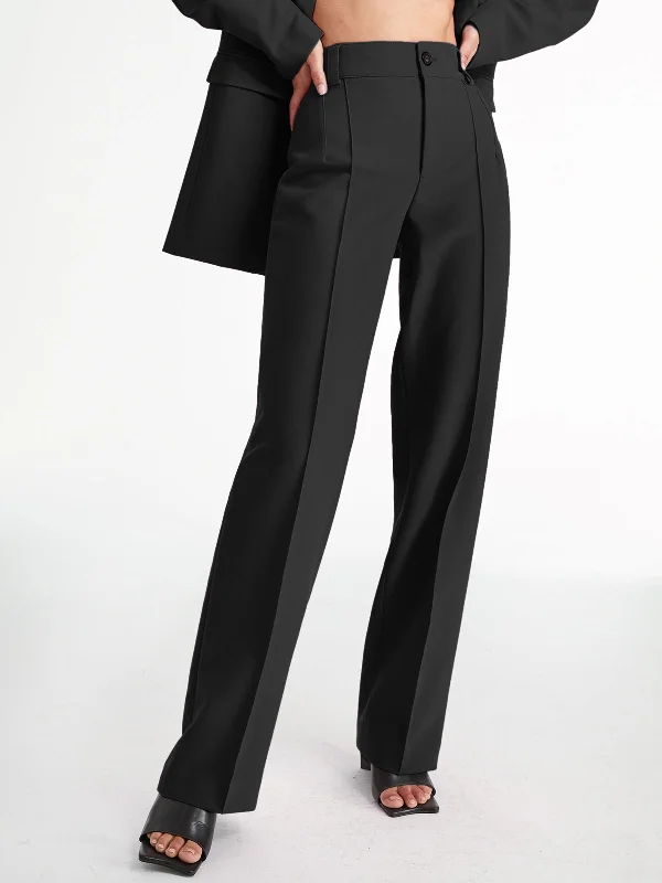 Adjustable waist pants for custom fit ease -BerryBetty - High Waisted Pleat Front Solid Colored Straight Leg Trousers