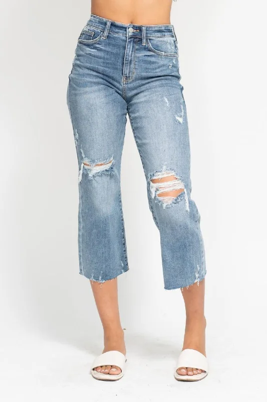 Low Waisted Jeans for Casual -Judy Blue High Waist Destroy Wide Leg Crop Denim Jeans 82256