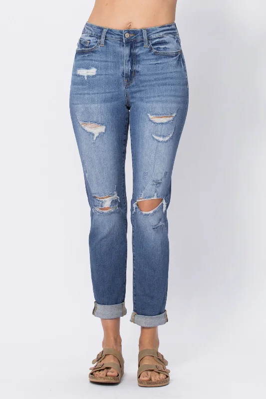 White Jeans for Fresh Look -Judy Blue High Waist Destroy Cuffed Boyfriend Denim Jeans 88404