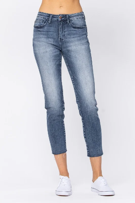 Cargo Jeans for Utility -Judy Blue High Waist Raw Hem Relaxed Fit Denim Jeans 88191