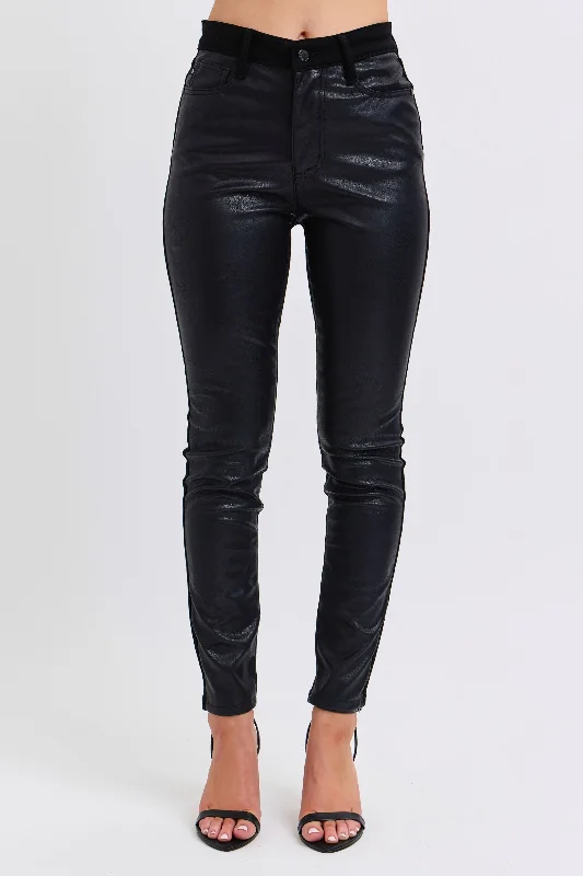 Button Fly Jeans for Traditional -Judy Blue High Waist Faux Leather & Denim Jeans Skinny 88810