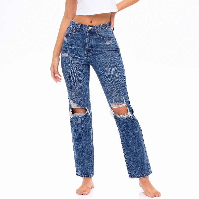 Shopping Jeans for Convenient -Medium Wash, Distressed High Waisted Jeans - The Tulip