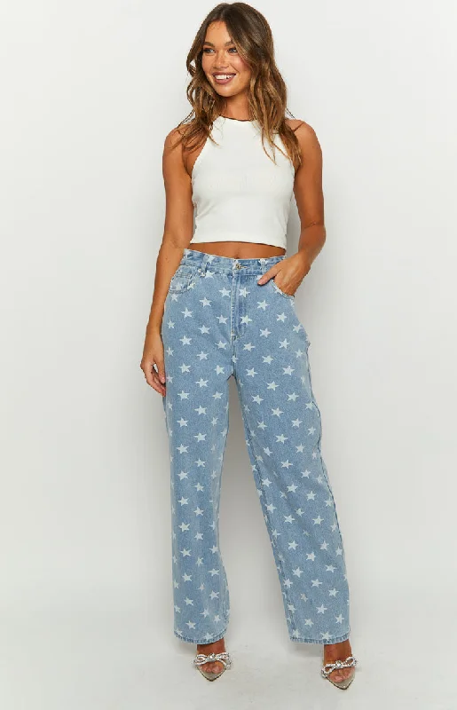 Graduation Jeans for Milestone -Eli Star Print Mid Wash Wide Leg Denim Jeans