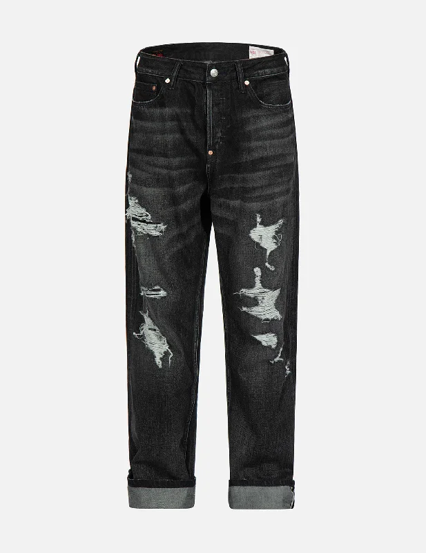 Fringed Jeans for Western -Logo Print Loose-Fit Distressed Denim Jeans