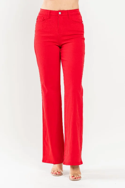 Holiday Jeans for Festive -Judy Blue High Waist Red Garment Dyed 90s Straight Denim Jeans 88693