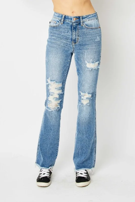 Party Jeans for Night Out -Judy Blue High Waist Destroy Fray Hem Bootcut Denim Jeans 82542