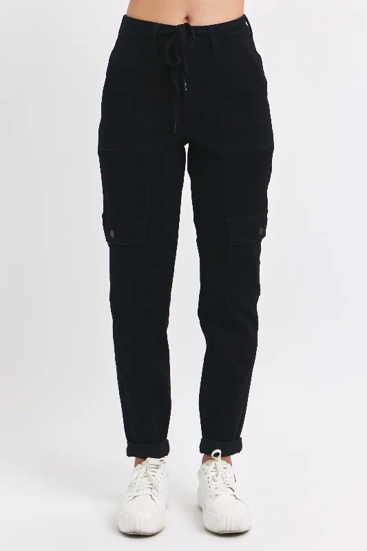 Branded Jeans for Quality -Judy Blue High Waist Cargo Cuff Black Jogger Denim Jeans 88910