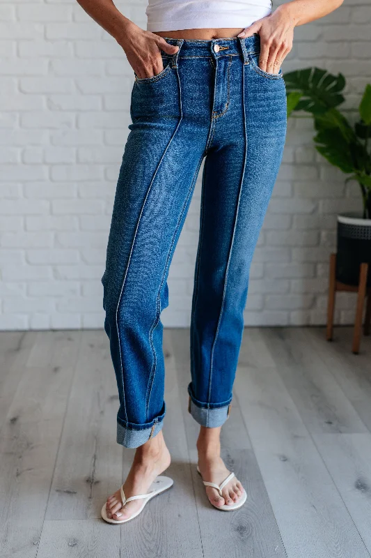 Metal Button Jeans for Classic -Campbell High Rise Center Seam Detail Straight Jeans