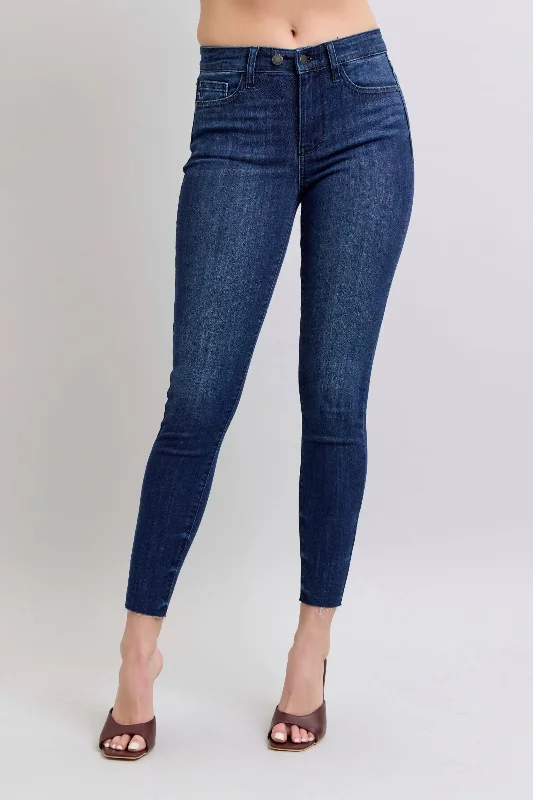 Mini Skirt Jeans for Flirty -Judy Blue Mid Rise Raw Hem Skinny Denim Jeans 82628