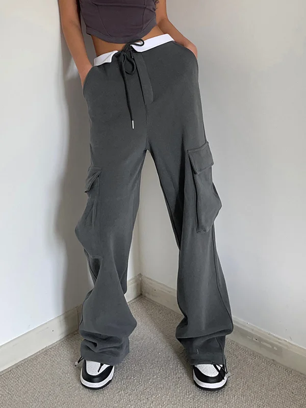 Heavy-duty work pants with tool pocket storage -BerryBetty - Contrast Waistband Cargo Sweatpants