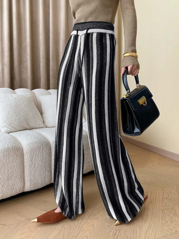 Versatile black pants for any occasion pairing -BerryBetty - Stripe Knit Wide Leg Pants