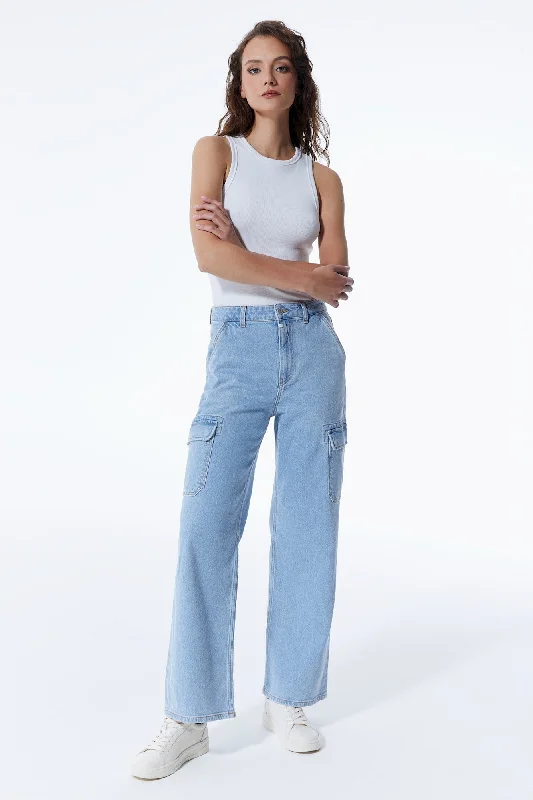 Low Waisted Jeans for Casual -Charlotte High Waist Cargo Jeans Light Blue