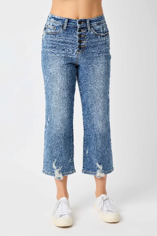 Slim Boyfriend Jeans for Hybrid -Judy Blue High Waist Button Fly Destroy Wide Leg Crop Denim Jeans 82509