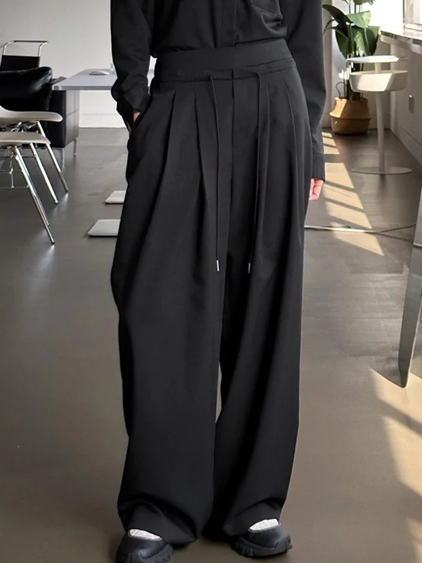 Lightweight travel pants for long flight comfort -BerryBetty - Effortless Drawstring Pleat Wide Leg Pants