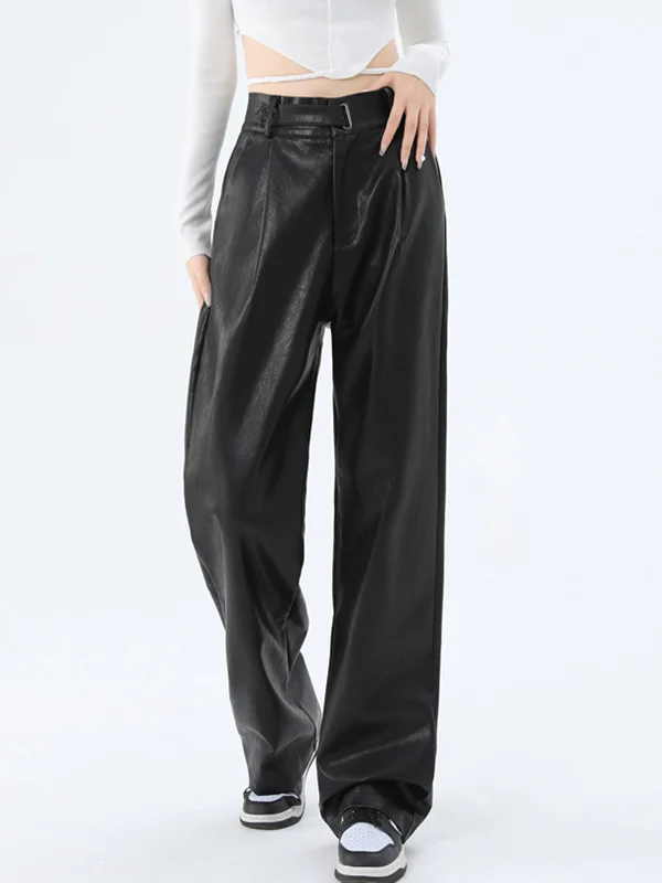 Casual khaki pants for weekend errand runs -BerryBetty - Faux Leather Straight Leg Pants