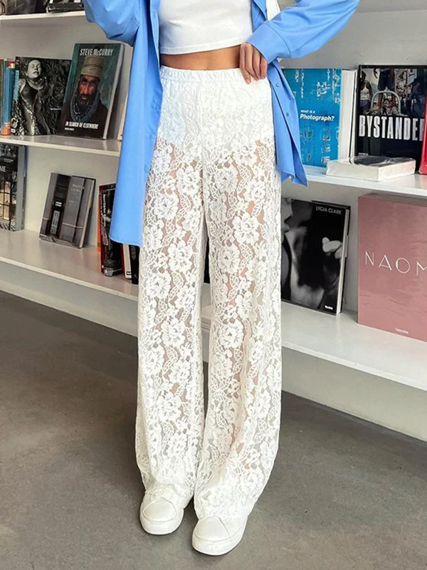 Stretchy skinny pants for figure-hugging appeal -Sheer Lace Graceful Wide Leg Pants