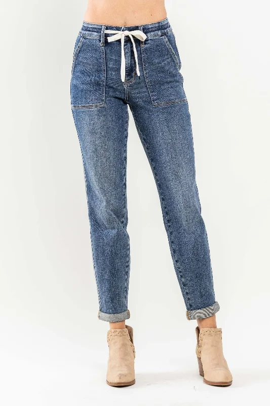 Overalls Jeans for Workwear -Judy Blue High Waist Elastic Drawstring Cuffed Jogger Denim Jeans 88779