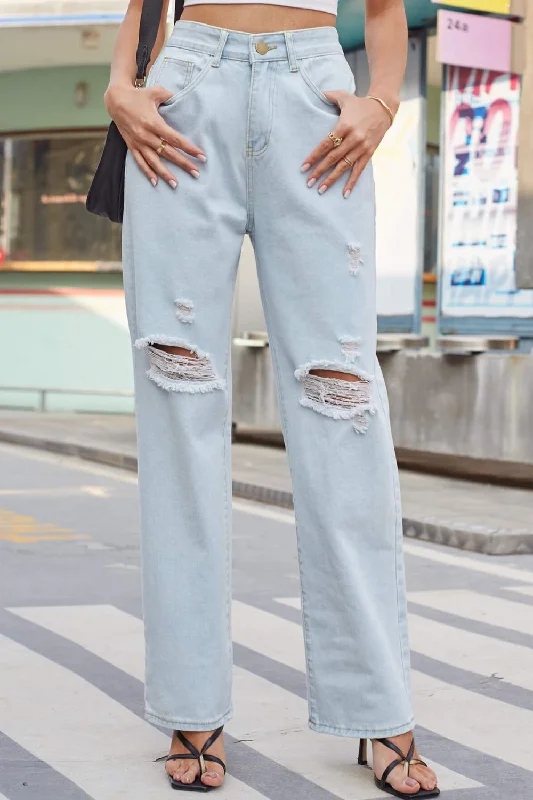 Denim Jeans for Durability -Baeful Distressed Straight Leg Jeans with Pockets