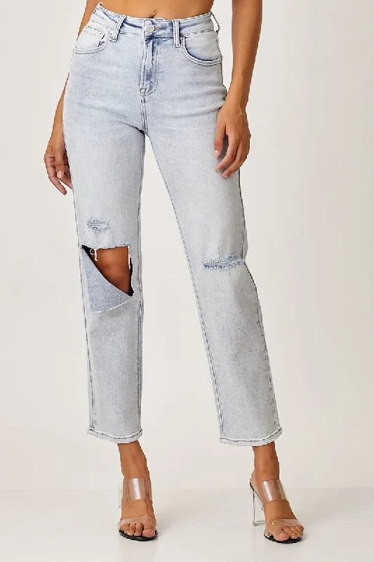 Flare Jeans for Retro Vibe -The Vanessa's- Light Wash High Rise Relaxed Fit Ripped Jeans