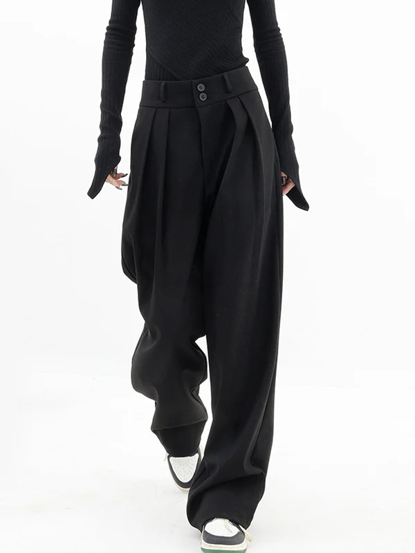 Classic wool pants for cold weather elegance -BerryBetty - Double Buttons Wide Leg Dress Pants