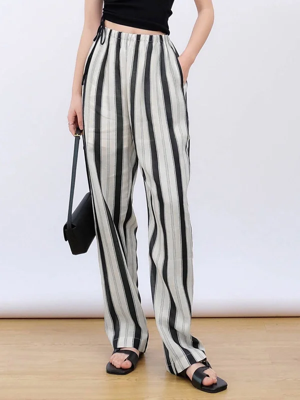 Durable denim pants for long-lasting everyday use -BerryBetty - Striped Linen Cropped Wide Leg Pants