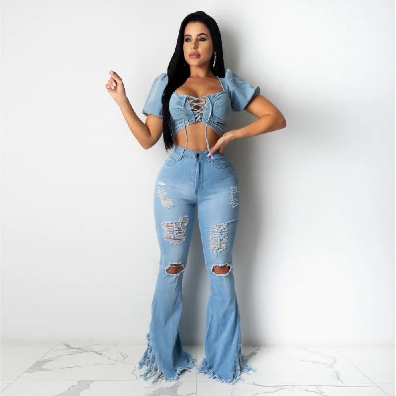 Raw Denim Jeans for Authentic -BerriesJam - Ripped Hole Ruffle Tassels Flare Denim Jeans