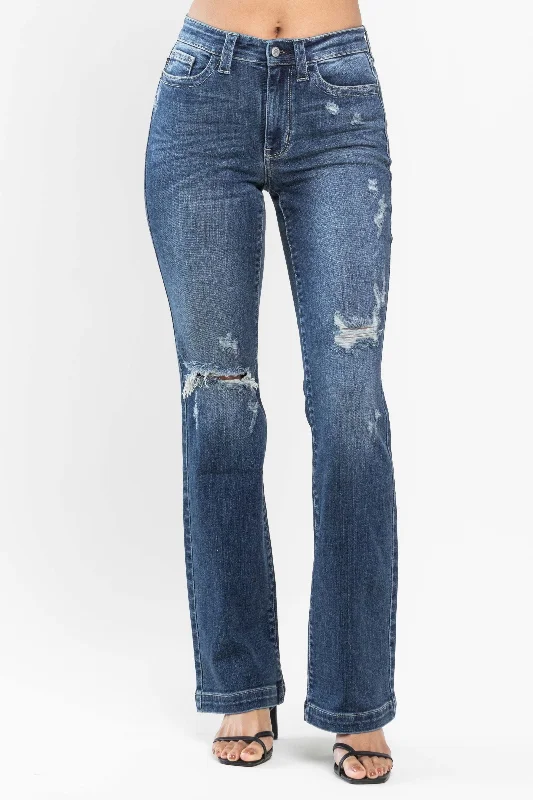 Button Fly Jeans for Traditional -Judy Blue Mid Rise Hand Sand & Destroy Bootcut Denim Jeans 82541