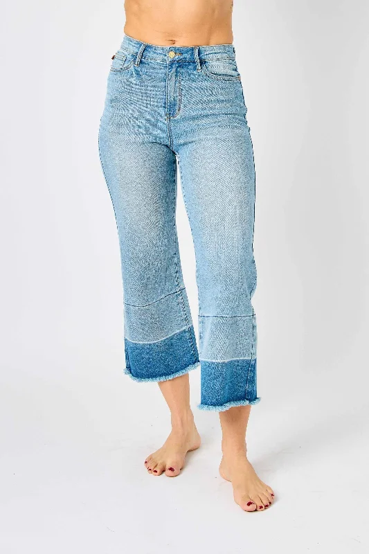 Weekend Jeans for Lazy -Judy Blue High Waist Release Hem Wide Leg Crop Denim Jeans 88705