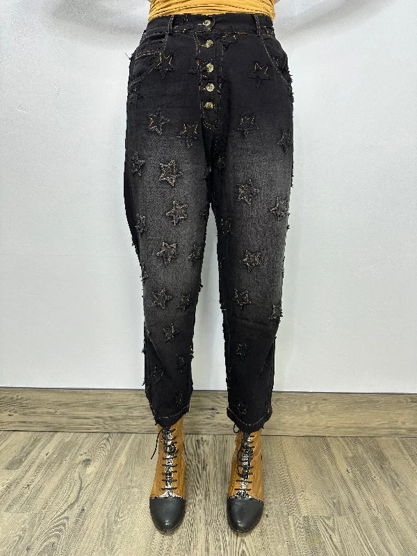 Reinforced knee pants for tough outdoor tasks -Black Jeans with Gold Star Accents